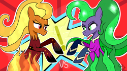 Size: 1024x576 | Tagged: safe, artist:susanzx2000, mane-iac, pony, comic, flare de mare, maretropolis, power ponies oc, supervillain, villain fight, villainess, watermark