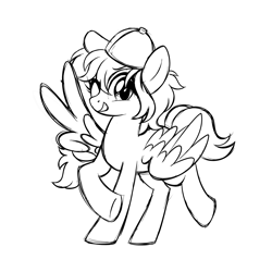 Size: 2000x2000 | Tagged: safe, artist:azure-art-wave, derpibooru import, oc, oc:wind rider, pegasus, pony, cap, female, hat, high res, mare, monochrome, one eye closed, solo, wing hands, wink