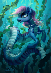 Size: 2475x3507 | Tagged: safe, artist:holivi, oc, oc only, oc:liu, fish, lamia, original species, snake pony, commission, male, solo, stallion, swimming, underwater