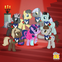 Size: 1080x1080 | Tagged: safe, derpibooru import, bruce mane, caesar, dark moon, graphite, herald, sealed scroll, twilight sparkle, '83, 80s, clothes, count caesar, diamonds are a girl's best friend (song), dress, gentlemen prefer blondes, harry trotter, madonna, marilyn monroe, material girl, official, pop princess twilight, twilight sparkle gets all the stallions