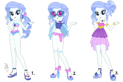 Size: 900x600 | Tagged: safe, artist:ilaria122, derpibooru import, part of a set, oc, oc:sapphire blue, equestria girls, belly button, bow, bracelet, choker, clothes, dress, ear piercing, earring, feet, high heels, jewelry, legs, midriff, next generation, offspring, pants, parent:fancypants, parent:rarity, parents:raripants, party dress, piercing, ponytail, resort outflit, sandals, shoes, short shirt, simple background, sunglasses, swimsuit, transparent background, wedge heel