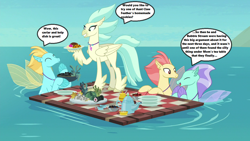 Size: 1280x720 | Tagged: safe, derpibooru import, edit, edited screencap, screencap, classical hippogriff, hippogriff, seapony (g4), surf and/or turf, background hippogriff, background sea pony, caviar, cookie, cute, female, food, happy, kelp, laughing, male, misspelling, mount aris, ocean, picnic, picnic blanket, seashell necklace, speech bubble, sushi, talking, tea set, text, unnamed hippogriff, unnamed seapony, water