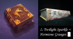 Size: 1206x652 | Tagged: safe, artist:gor1ck, derpibooru import, unicorn, book, bookmark, comparison, harry potter (series), hermione granger, history of magic, implied twilight sparkle, joke, simple background