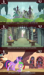 Size: 854x1440 | Tagged: safe, derpibooru import, screencap, owlowiscious, spike, twilight sparkle, twilight sparkle (alicorn), alicorn, dragon, pony, inspiration manifestation, castle of the royal pony sisters, cinemare sins, female, library, male, mare, quill pen