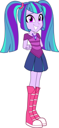Size: 1450x3099 | Tagged: safe, artist:namygaga, oc, oc only, oc:melody sound, pony, arm behind back, boots, clothes, cute, female, grin, looking at you, magical lesbian spawn, next generation, offspring, parent:aria blaze, parent:sonata dusk, parents:arisona, pigtails, pleated skirt, shoes, simple background, skirt, smiling, sneakers, solo, transparent background, twintails