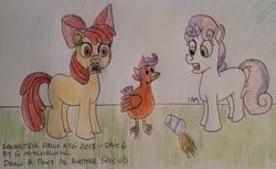 Size: 1823x1117 | Tagged: safe, artist:rapidsnap, derpibooru import, apple bloom, scootaloo, sweetie belle, bird, chicken, atg 2018, newbie artist training grounds, potion, scootachicken, shocked, species swap, traditional art, transformation