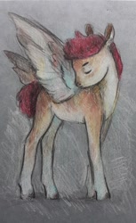 Size: 500x819 | Tagged: safe, artist:exclusionzone, derpibooru import, scootaloo, pegasus, pony, abstract background, blank flank, eyes closed, head turn, sad, solo, spread wings, traditional art, wings