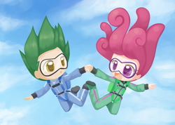 Size: 1125x800 | Tagged: safe, artist:howxu, derpibooru import, oc, oc only, oc:software patch, oc:windcatcher, human, chibi, clothes, commission, falling, humanized, humanized oc, not pinkie pie, not spike, open mouth, parachute, safety goggles, skydiving, suit, windpatch