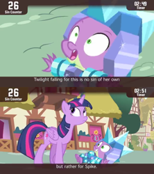 Size: 854x960 | Tagged: safe, derpibooru import, edit, edited screencap, screencap, spike, twilight sparkle, twilight sparkle (alicorn), alicorn, dragon, pony, inspiration manifestation, cinemare sins, crystal, female, male, mare