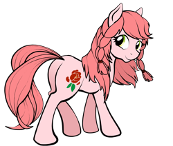 Size: 1162x985 | Tagged: safe, artist:thesamstudio, derpibooru import, oc, oc only, oc:peony flair, earth pony, pony, braid, china ponycon, female, flower, looking back, mare, rose, side view, simple background, smiling, solo, transparent background