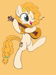 Size: 3120x4160 | Tagged: safe, artist:icey-wicey-1517, artist:lunem0on, color edit, derpibooru import, edit, pear butter, earth pony, pony, acoustic guitar, bipedal, colored, cute, female, flower, flower in hair, guitar, mare, music notes, one eye closed, open mouth, orange background, pearabetes, simple background, solo, wink