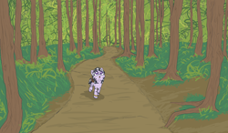 Size: 2624x1529 | Tagged: safe, artist:happy harvey, derpibooru import, oc, oc only, oc:zala, zebra, alone, backpack, bedroll, bracelet, bush, colored, dirt, drawn on phone, female, filly, forest, grass, jewelry, journey, scenery, shading, solo, trail, travelling, walking, zebra oc