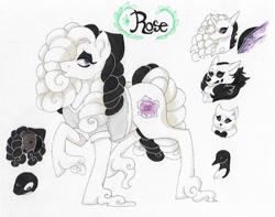Size: 761x601 | Tagged: safe, artist:frozensoulpony, oc, oc only, oc:rose, cat, changeling, earth pony, human, orca, penguin, pony, wolf, clothes, female, mare, reference sheet, shirt, solo, traditional art, unshorn fetlocks