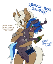 Size: 3020x3659 | Tagged: safe, artist:kez, derpibooru import, oc, oc:day, oc:lock down, anthro, unguligrade anthro, unicorn, alcohol, bottle, drunk, holding a pony, simple background, transparent background