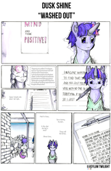 Size: 1346x2061 | Tagged: safe, artist:dreamingnoctis, bon bon, dusk shine, sweetie drops, twilight sparkle, pony, ask asylum twilight, asylum, clipboard, comic, depression, group therapy, magic suppression, nurse, pencil, poster, rule 63