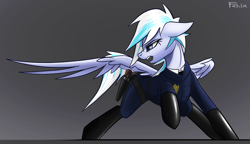 Size: 4445x2559 | Tagged: safe, artist:fenixdust, derpibooru import, oc, oc:falling skies, pegasus, pony, clothes, female, gun, latex, police officer, solo, uniform, weapon