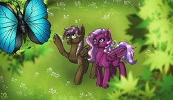 Size: 1000x574 | Tagged: safe, artist:xaneas, derpibooru import, oc, oc:ashmöda, butterfly, pegasus, pony, flower, purple hair, tree