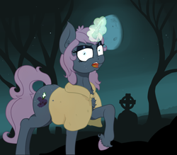 Size: 2266x1981 | Tagged: safe, artist:paskanaakka, derpibooru exclusive, derpibooru import, oc, oc only, oc:belladonna lamia, pony, unicorn, butt freckles, cloak, clothes, colored hooves, ear fluff, female, freckles, gravestone, grin, looking at you, magic, mare, moon, night, raised hoof, shrunken pupils, smiling, solo, stars, tree, unshorn fetlocks