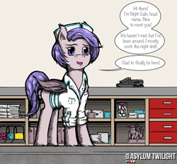 Size: 975x909 | Tagged: safe, artist:dreamingnoctis, oc, oc only, oc:night gale, bat pony, pony, ask asylum twilight, asylum, bat pony oc, drawers, fangs, nurse, nurses station, phone, smiling, solo