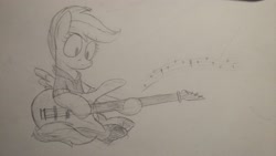 Size: 3264x1836 | Tagged: safe, artist:moonatik, derpibooru import, scootaloo, pegasus, pony, bass guitar, clothes, equestria girls outfit, female, filly, guitar, music notes, musical instrument, scootabass, solo, traditional art, wings