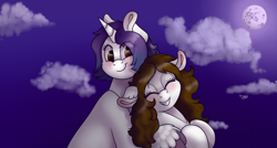Size: 900x481 | Tagged: safe, artist:69beas, derpibooru import, oc, oc only, oc:mille, earth pony, pony, unicorn, floppy ears, full moon, mare in the moon, moon, smiling