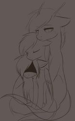 Size: 488x782 | Tagged: safe, artist:megabait, derpibooru import, oc, oc only, oc:white night, earth pony, monster pony, original species, pegasus, tatzlpony, crying, eyes closed, hug, looking back, monochrome, simple background, sketch