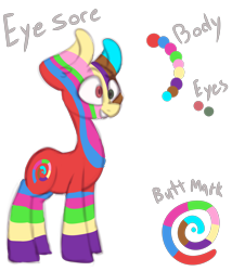 Size: 3000x3500 | Tagged: safe, artist:claudearts, derpibooru import, oc, oc only, oc:eyesore, earth pony, pony, cross-eyed, cutie mark, derp, ear fluff, eye candy, eyestrain warning, grin, heterochromia, long neck, mismatched eyes, multicolored, reference sheet, simple background, smiling, solo, stripes, transparent background, wat, wide eyes