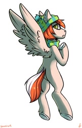 Size: 699x1080 | Tagged: safe, artist:serodart, derpibooru import, oc, pegasus, pony, clothes, ear fluff, flying, hat, scarf, solo