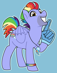 Size: 1795x2290 | Tagged: safe, artist:/d/non, bow hothoof, pegasus, pony, parental glideance, 30 minute art challenge, blue background, foam finger, jewelry, male, necklace, simple background, solo, stallion, wwrdd?