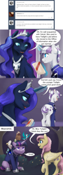 Size: 1320x3681 | Tagged: safe, artist:silfoe, derpibooru import, fluttershy, nightmare moon, twilight sparkle, twilight velvet, unicorn twilight, alicorn, bird, blue jay, pegasus, pony, unicorn, alternate timeline, ask, blushing, clothes, cockatoo, crown, fangs, female, jewelry, magic, mare, moonsetmlp, pacific parrotlet, parakeet, potoo, regalia, slit eyes, speech bubble, telekinesis, tumblr, uniform