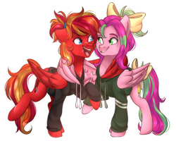 Size: 1024x818 | Tagged: safe, artist:slasharu, oc, oc only, oc:fire strike, oc:precious metal, pegasus, pony, bow, clothes, female, hair bow, mare, simple background, tail bow, transparent background