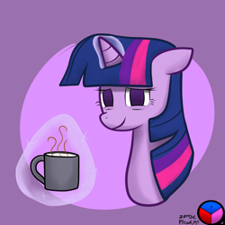 Size: 1280x1280 | Tagged: safe, artist:genericmlp, twilight sparkle, pony, cup, magic, solo, tired, wrong magic color