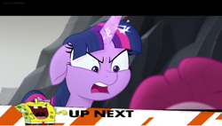 Size: 1274x724 | Tagged: safe, derpibooru import, edit, edited screencap, screencap, pinkie pie, twilight sparkle, twilight sparkle (alicorn), alicorn, earth pony, pony, my little pony: the movie, 1000 hours in ms paint, ad banner, argument, banner, exploitable meme, forced meme, glowing horn, inappropriate timing spongebob banner, laughing, meme, ms paint, nickelodeon, spongebob laughs at your misery, spongebob squarepants, yelling