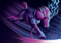 Size: 1200x848 | Tagged: safe, artist:dartzu, derpibooru import, tempest shadow, horse, pony, my little pony: the movie, abstract background, broken horn, eye scar, female, hoers, mare, scar, solo, sparking horn