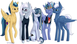 Size: 1504x854 | Tagged: safe, artist:sychia, derpibooru import, indigo zap, night glider, oc, oc:black lightning (ice1517), oc:jet stream (ice1517), oc:winter flurry, pegasus, pony, annoyed, chest fluff, clothes, ear piercing, earring, eyes closed, family, female, glasses, goggles, grumpy, icey-verse, indiglider, jacket, jewelry, lesbian, magical lesbian spawn, mare, mother, mother and child, mother and daughter, next generation, offspring, open mouth, parent and child, parents:indiglider, piercing, shipping, simple background, sweater, transparent background, unamused, wingless