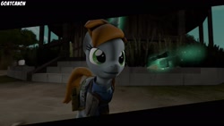 Size: 1920x1080 | Tagged: safe, artist:goatcanon, oc, oc only, oc:littlepip, pony, unicorn, fallout equestria, 3d, black bars, clothes, fanfic, fanfic art, female, glowing horn, gun, handgun, little macintosh, magic, mare, revolver, solo, source filmmaker, telekinesis, vault suit, weapon