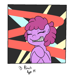 Size: 800x800 | Tagged: safe, artist:bennimarru, derpibooru import, berry punch, berryshine, pony, abstract background, braces, eyes closed, smiling, solo, younger
