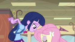 Size: 1100x618 | Tagged: safe, screencap, fluttershy, twilight sparkle, equestria girls, equestria girls (movie), clothes, duo, duo female, eyes closed, female, out of context, skirt