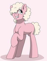 Size: 785x1000 | Tagged: safe, artist:pastel-charms, derpibooru import, oc, oc:taffy twirl, earth pony, pony, female, mare, offspring, parent:cheese sandwich, parent:pinkie pie, parents:cheesepie, pink background, simple background, solo