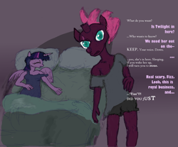 Size: 990x818 | Tagged: safe, artist:nastipone, derpibooru import, fizzlepop berrytwist, tempest shadow, twilight sparkle, anthro, bed, bedroom, breasts, clothes, dialogue, female, lesbian, offscreen character, shipping, sleeping, tempestlight, this will end in tears