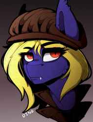 Size: 2480x3258 | Tagged: safe, artist:dino_horse, derpibooru import, oc, oc only, oc:butter cream, bat pony, clothes, commission, dark, duster, female, hat, looking at you, mare, serious, serious face, simple background, solo