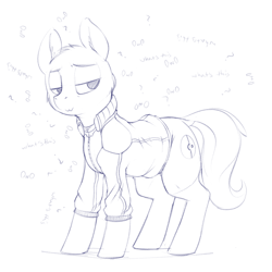 Size: 1280x1280 | Tagged: safe, artist:dimfann, earth pony, pony, clothes, jacket, monochrome, owo, sketch, solo