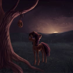 Size: 2160x2160 | Tagged: safe, artist:sarkarozka, derpibooru import, oc, oc only, earth pony, pony, female, long legs, looking up, mare, scenery, solo, sunset, tree