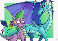 Size: 5016x3541 | Tagged: safe, artist:dinodraketakethecake, princess ember, spike, twilight sparkle, dragon, absurd resolution, crossover, fairy, looking at each other, older, older spike, quadrupedal, size difference, smiling, species swap, spyro the dragon, the legend of spyro, trio