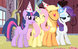 Size: 808x508 | Tagged: safe, derpibooru import, screencap, applejack, fluttershy, rarity, twilight sparkle, earth pony, pegasus, pony, unicorn, party of one, hat, party hat