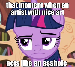 Size: 1200x1070 | Tagged: safe, edit, edited screencap, screencap, twilight sparkle, twilight sparkle (alicorn), alicorn, pony, testing testing 1-2-3, annoyed, book, cropped, disappointed, female, folded wings, frown, golden oaks library, grumpy, grumpy twilight, image macro, impact font, implied facepalm, lidded eyes, mare, meme, raised eyebrow, solo, twilight is not amused, unamused, vulgar