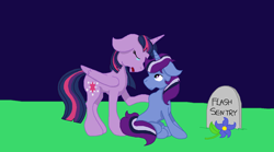 Size: 1152x642 | Tagged: safe, artist:summersketch-mlp, derpibooru import, twilight sparkle, twilight sparkle (alicorn), oc, oc:dusk star, alicorn, crying, female, gravestone, implied death, implied flash sentry, kindverse, male, mother and child, mother and son, parent and child, parent:silver script, parent:twilight sparkle, parents:twiscript