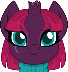 Size: 3000x3186 | Tagged: safe, artist:cloudyglow, derpibooru import, fizzlepop berrytwist, tempest shadow, pony, unicorn, alternate hairstyle, broken horn, bust, clothes, cute, eye scar, facial scar, female, looking at you, mare, pretty pretty tempest, scar, simple background, smiling, smiling at you, solo, sweater, tempestbetes, transparent background, turtleneck