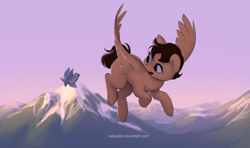 Size: 2528x1500 | Tagged: safe, artist:katputze, derpibooru import, oc, oc only, oc:heidi, bird, pegasus, pony, female, flying, looking back, mare, mountain, smiling