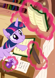 Size: 2480x3508 | Tagged: safe, artist:neoshrek, twilight sparkle, pony, unicorn, book, golden oaks library, magic, smiling, solo, studying